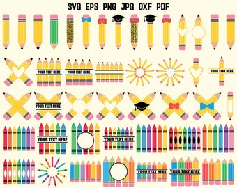 May include: A set of 36 digital clipart images featuring yellow pencils with various designs, including hearts, bows, stars, and graduation caps. The clipart also includes a set of colorful crayons with text boxes for personalization.