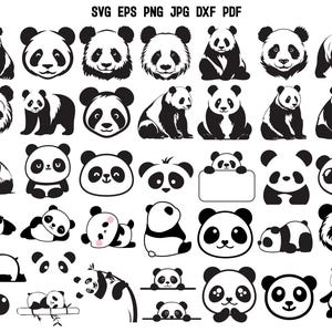 May include: A collection of 40 black and white panda bear illustrations in various poses. The pandas are depicted in a simple, cartoon style.