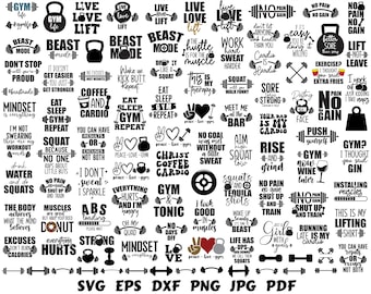 May include: A black and white digital download of 50 motivational fitness quotes. The quotes are displayed in a variety of fonts and styles, and many include images of dumbbells, barbells, and other fitness equipment. The quotes are perfect for use in fitness-related projects, such as t-shirts, mugs, and posters.