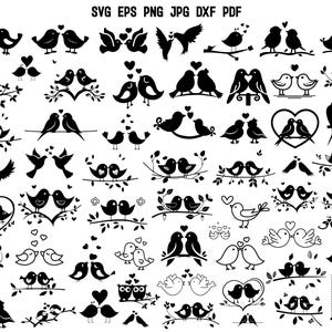 Puede incluir: Una colección de 50 imágenes en silueta en blanco y negro de pájaros, muchos en parejas, con corazones y otros elementos decorativos. Los pájaros están en varias poses, incluyendo volando, posados y enamorados.