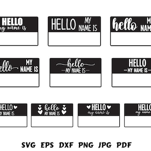 May include: Twelve black and white name tags with different variations of the text "Hello my name is".