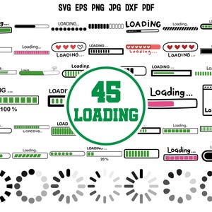 Könnte beinhalten: Eine Sammlung von 45 Lade-Icons in verschiedenen Stilen, darunter Fortschrittsbalken, Kreise und Punkte. Die Icons sind in Schwarz, Weiß, Grün, Pink und Rot. Der Text "45 LOADING" ist in grünen Buchstaben auf einem weißen Kreis.