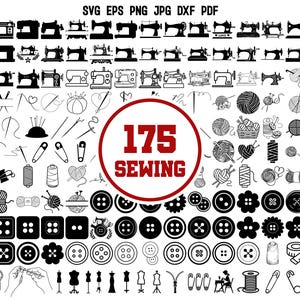 May include: A black and white graphic design set of 175 sewing icons. The icons include sewing machines, needles, thread, buttons, scissors, and more. The set is perfect for crafting, scrapbooking, and other creative projects.
