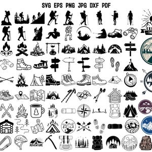 Może przedstawiać: Zbiór czarno-białych grafik o tematyce przygód na świeżym powietrzu. Zawiera sylwetki turystów, sprzęt kempingowy, ilustracje gór, kompasów, map oraz tekst "EXPLORE THE NATURE" i "ADVENTURE".