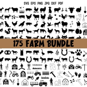 May include: A black and white silhouette image set of 175 farm-themed icons. The set includes animals, farm equipment, and other farm-related objects. The text "175 FARM BUNDLE" is at the top of the image.