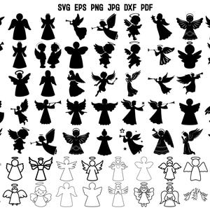 May include: A collection of angel silhouettes in various poses, including those playing trumpets and holding stars. The angels are in black, with some outlined in white. The image includes the file type options: SVG, EPS, PNG, JPG, DXF, and PDF.
