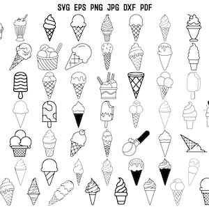 Può includere: Una collezione di 60 illustrazioni in bianco e nero di coni gelato, coppette gelato, ghiaccioli e palette gelato. Le illustrazioni sono in una varietà di stili, tra cui cartoni animati, realistici e astratti.