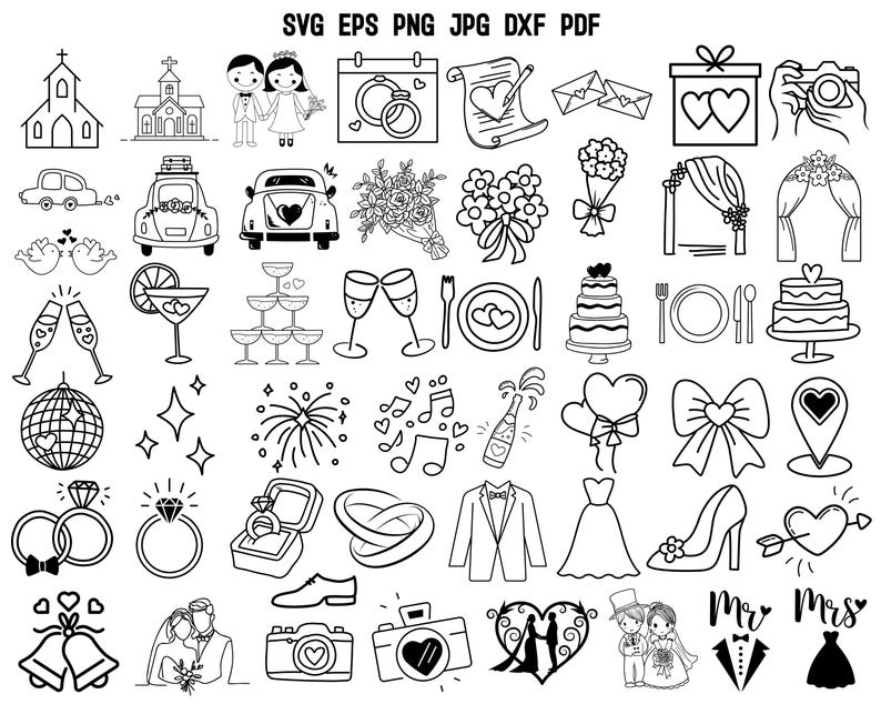 Hand drawn Wedding Icons SVG | Wedding SVG | Wedding Timeline SVG | Line Art Wedding Icons | Wedding Decor | Wedding Illustrations | Cricut image 1