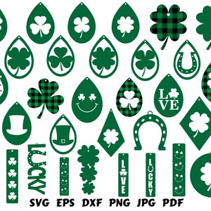 May include: A set of 24 digital cut files for crafting earrings, featuring various designs with shamrocks, horseshoes, and the words "Lucky" and "Love".