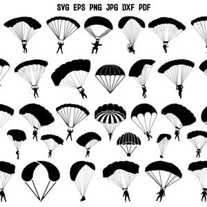 May include: A selection of black and white parachute silhouettes. Each parachute has a person attached, with the text "SVG EPS PNG JPG DXF PDF" at the top.