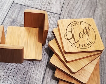 Set of 6 Personalized Custom Wood Square Coasters | Engraved Wooden Coasters | Your Custom Text | Thin Personalized Engraved Wooden Coasters