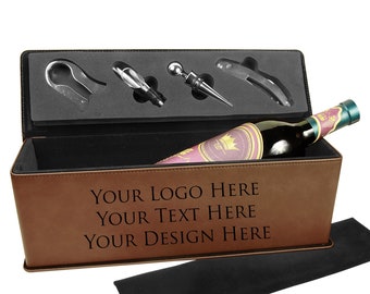 Custom Engraved Single Wine Presentation Box | Personalized Leatherette Single Wine Box with Tools | Leather Wine Box with Customization