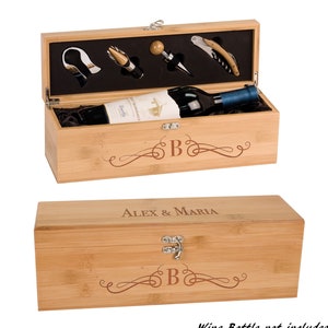 Engraved Wooden Wine Champagne Bottle Box and Opener Kit, Personalized Wine Box Tool Gift Set, Custom Eco Friendly Wine Box  for Wine Lovers