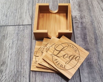 Set of 4 Personalized Custom Wooden Square Coasters | Engraved Wooden Coasters with Custom Text | Engraved Thin Personalized Wooden Coasters