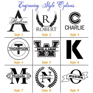 May include: Nine different engraving styles for personalised gifts. Styles include a script font, a wreath, a block letter, a circle with a name, a college-style letter, a block letter, a script letter with a banner, a wreath with a name, and a banner with a name.