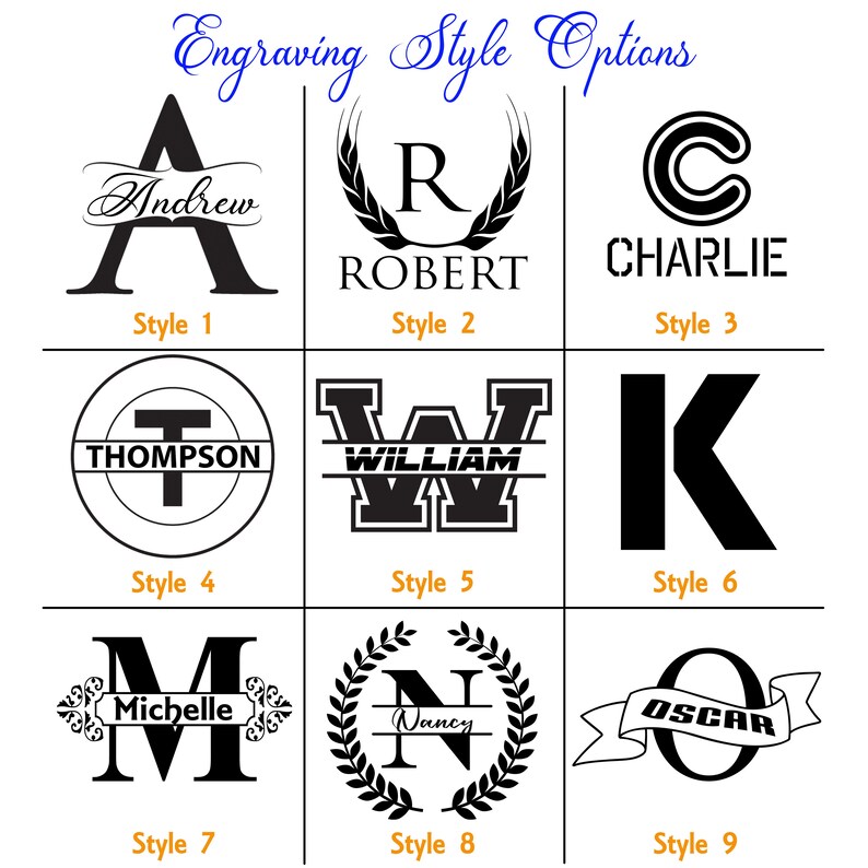May include: Nine different engraving styles for personalised gifts. Styles include a script font, a wreath, a block letter, a circle with a name, a college-style letter, a block letter, a script letter with a banner, a wreath with a name, and a banner with a name.