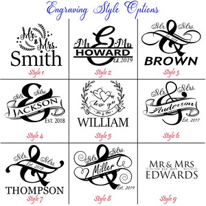 May include: Nine different engraving styles for a wedding gift, showing various fonts and designs for the words "Mr. & Mrs." followed by a surname and the year established.  Styles include a heart with an arrow, a banner, and a script font.