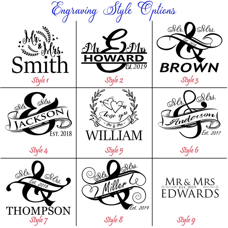 May include: Nine different engraving styles for a wedding gift, showing various fonts and designs for the words "Mr. & Mrs." followed by a surname and the year established.  Styles include a heart with an arrow, a banner, and a script font.
