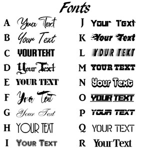 May include: A chart of different font styles, labelled A through R, with the text "Your Text" in each style.