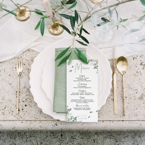 Hochzeitsmenu | Menükarten | Getränkekarten | GEDRUCKT | Greenery floral | mediterran | grün weiß modern | Din lang | strukturiertes Papier