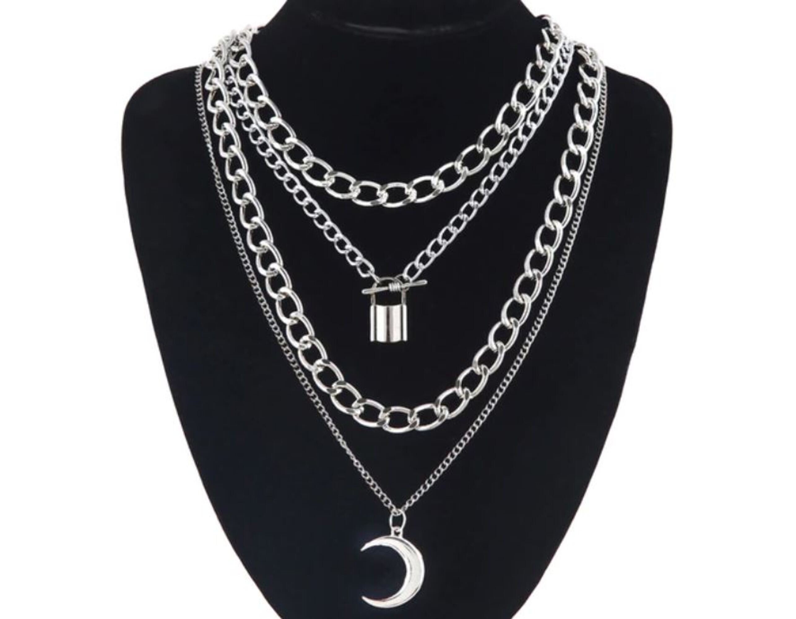 Fashion Goth Punk Layered Chain Necklace Neck Chains Lock Etsy