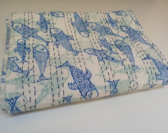 Blue Fish Kantha Quilted Hand Block Print Kantha Quilt fish Block Print Kantha Bedspread Kantha Quilt Blanket Kantha Throws quilted bedding
