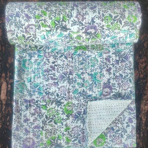 Green Floral Kantha Quilted Hand Block Print Kantha Quilt Green Floral Block Print Kantha Bedspread Kantha Quilt Blanket Kantha bedding