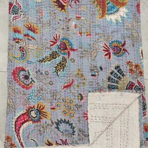 Grey Floral Kantha Quilted Hand Block Print Kantha Quilt Floral Block Print Kantha Bedspread Kantha Quilt Blanket Kantha Throws bedding