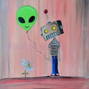 May include: An original painting featuring a robot figure holding a green alien balloon. The robot has a box-shaped head with yellow eyes and a striped shirt. A daisy with a smiling face is on the ground. The background is a blend of pink and gray.