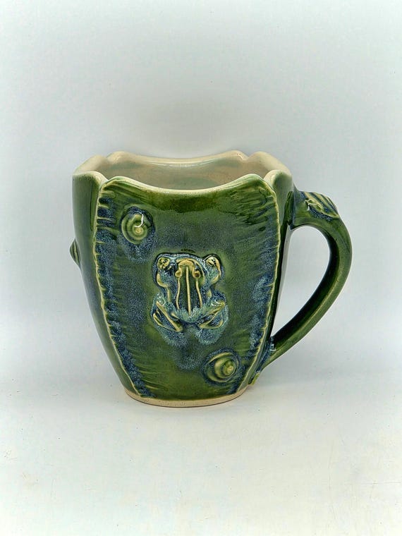 Handmade Ceramic Frog Mug, Glossy Green, Stoneware Pottery, Wheel Thrown, 300 ml