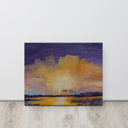 Stormy Weather Art shops Canvas, Gold Sunset Skyscape, Purple Storm Clouds, Scenery Canvas, Home Office Wall Art, River Landscape