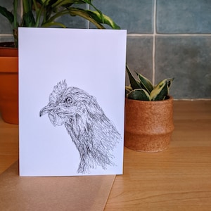 Carte de voeux/carnet A6 Poulet Herberta. Blanc à l'intérieur. Parfait pour dire bonjour, joyeux anniversaire, penser à vous, vous manquer !!