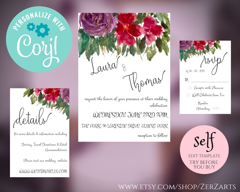 Red Floral Wedding Template Set Printable Minimalistic Digital Print Corjl Editable Invitation Rsvp Details Card TRY BEFORE You BUY