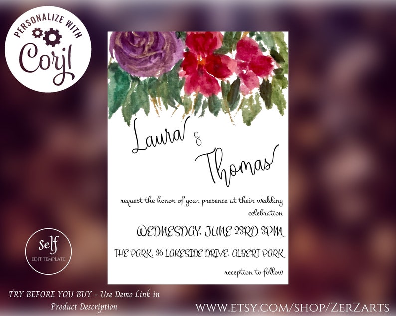Red Floral Wedding Template Set Printable Minimalistic Digital Print Corjl Editable Invitation Rsvp Details Card TRY BEFORE You BUY