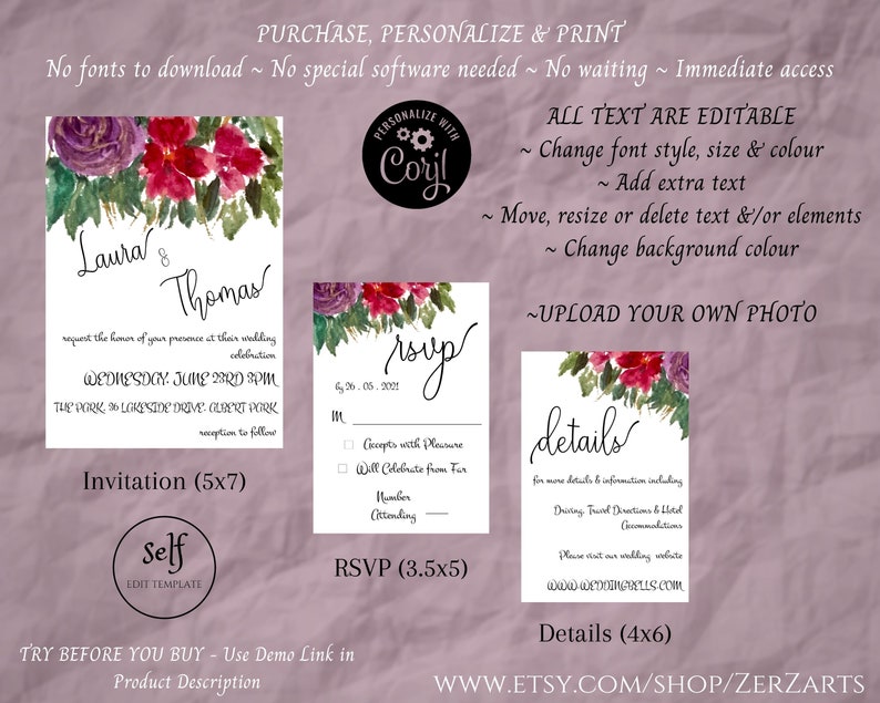 Red Floral Wedding Template Set Printable Minimalistic Digital Print Corjl Editable Invitation Rsvp Details Card TRY BEFORE You BUY