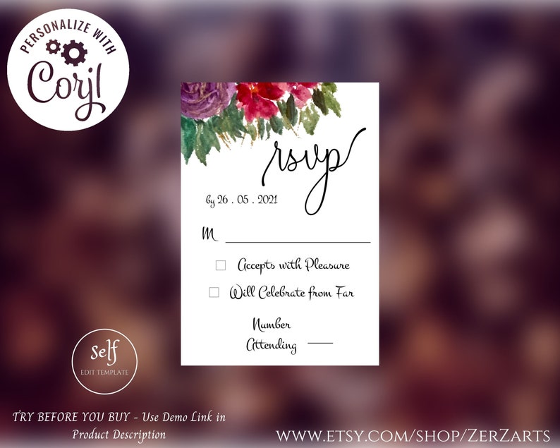 Red Floral Wedding Template Set Printable Minimalistic Digital Print Corjl Editable Invitation Rsvp Details Card TRY BEFORE You BUY