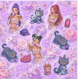 Demon Hunter Inspired Seamless Pattern | KPop Idol Floral Pattern | Purple Kawaii Digital Paper PNG
