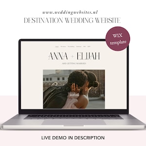 May include: A laptop screen shows a wedding website template with the names "ANNA + ELIJAH" and the text "ARE GETTING MARRIED." The website includes a photo of a couple and the date "10.08.2019." The website is a WIX template. The website address is www.weddingwebsites.nl.