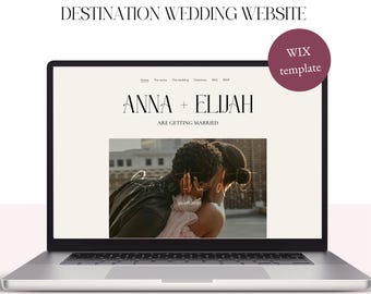 May include: A laptop displays a wedding website template with the names "ANNA + ELIJAH" and the text "ARE GETTING MARRIED." The website features a photo of a couple and the date "10.08.2019." The website is a WIX template. The website address is www.weddingwebsites.nl.
