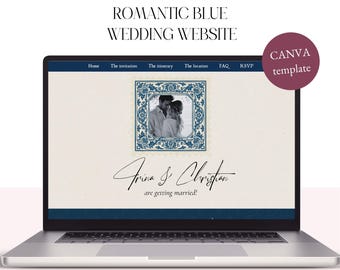 Romantische, klassieke, blauwe Canva trouwwebsite template – Digitale bruiloftuitnodiging – Aanpasbare bruiloftwebsite – Bruiloft website