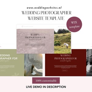 May include: A website template for wedding photographers, featuring a Wix template. The design includes sample website layouts with images of a couple, a horse in a field, and a cityscape. Text includes "Wedding Photographer" and "100% customizable."