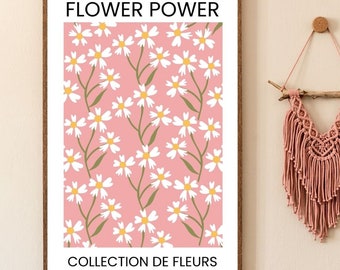 Flower Market Art Print |  | Flower Power Botanical Art | French Daisy Pink Floral Illustration Wall Decor Gallery Vintage Contemporary Gift