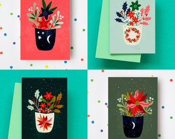 Botanical Dreams Christmas Card Set | 4 Pack Greetings Cards | Flowers Floral Illustrated xmas Card | Festive Flower Poinsettia Wreath Holly