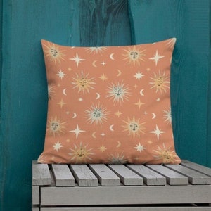 Suns Moons Cushion Celestial Stars Print Pillow Zodiac Space Whimsical Pattern Original Illustration Vintage 5 Colours Terracotta zdjęcie 2