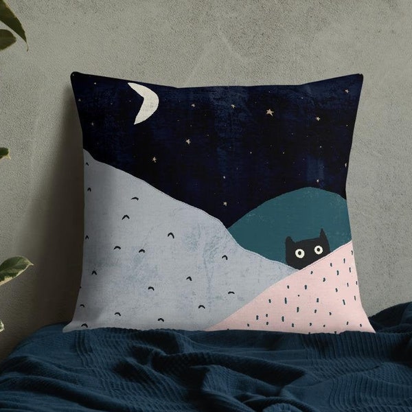 Black Cat Cushion - Illustrated Lunar Moon & Stars Peeping Cat Pillow - Soft Linen | Cats Art  Kitten Lovers Gift 18 X 18 | various sizes |