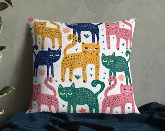 Cat Cushion - Illustrated Cats Sofa Pillow - Soft Linen Throw | Cat Art Homewares | Cat Kitten Kitty Lovers Gift | 18 X 18 | various sizes |