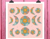 Lunar Phase Moon Art Print Pink Celestial Space Illustration Wall Gallery Zodiac Nursery Botanical Print Flower Art Square