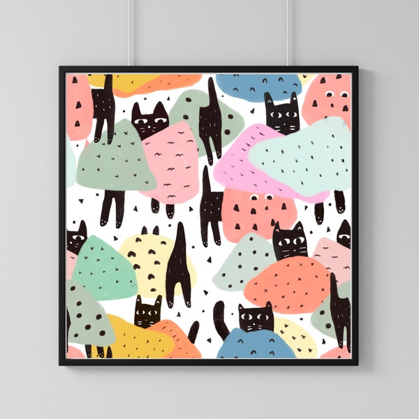 Hide & Seek Cats Art Print - Black Cats Peeping Pattern - Illustration de chat - Black Cat Lovers - Nursery Ary - Chambre d’enfants - Retro Cats