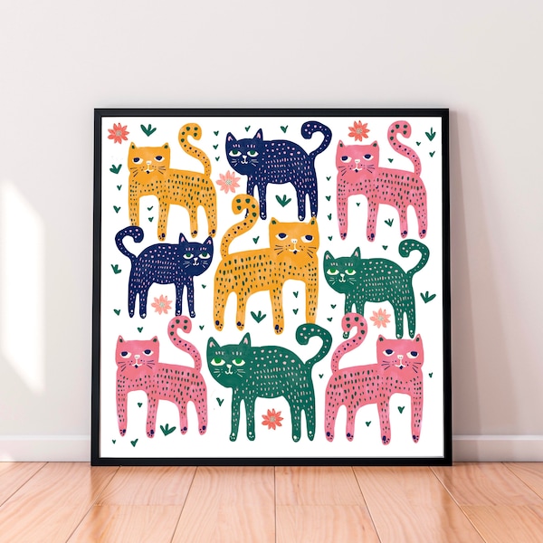 Cat Pals Art Print - Cats Illustration Square Art Pour les amoureux des chats | Galerie murale de décoration de crèche pour enfants | Chatons | Cadeau de Noël Enfants