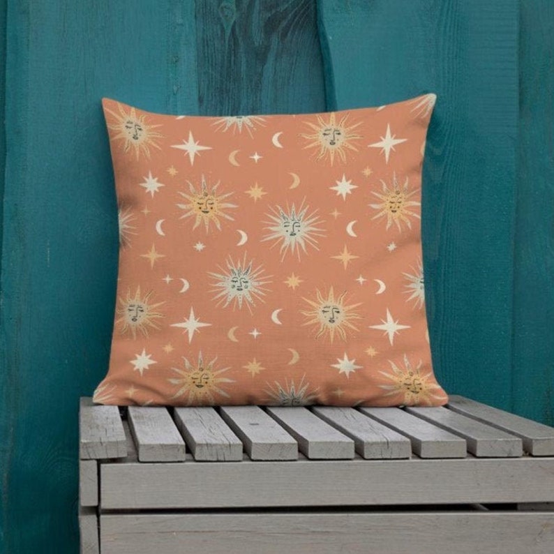 Suns Moons Cushion Celestial Stars Print Pillow Zodiac Space Whimsical Pattern Original Illustration Vintage 5 Colours Terracotta zdjęcie 2